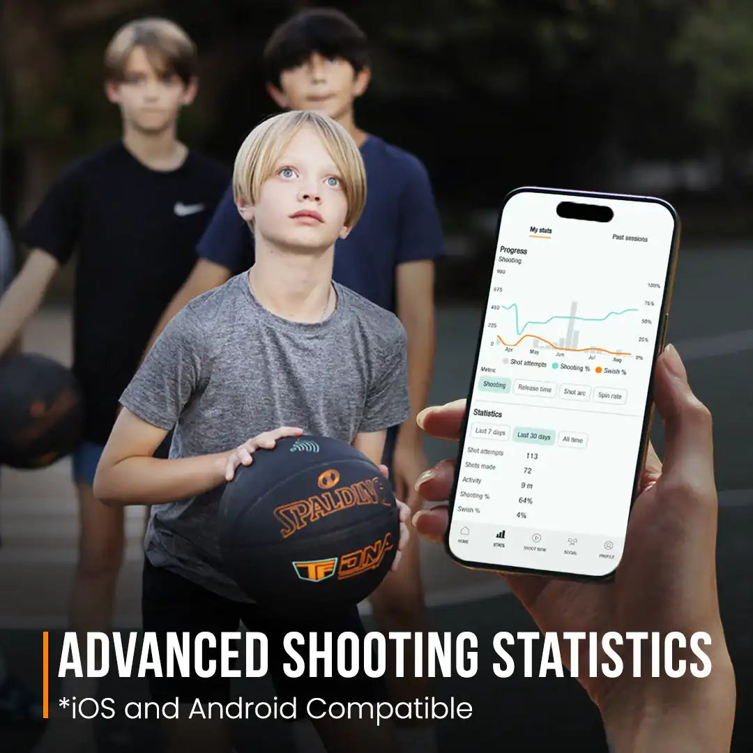 Spalding TF DNA smart basketball with mobile app showing advanced shooting statistics and shot tracking.
