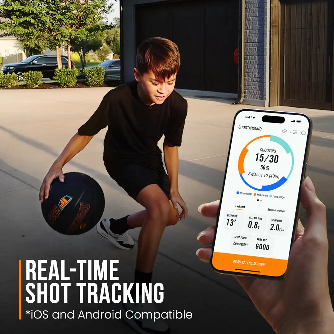 Spalding TF DNA smart basketball with mobile app showing real-time shot tracking and shooting accuracy.
